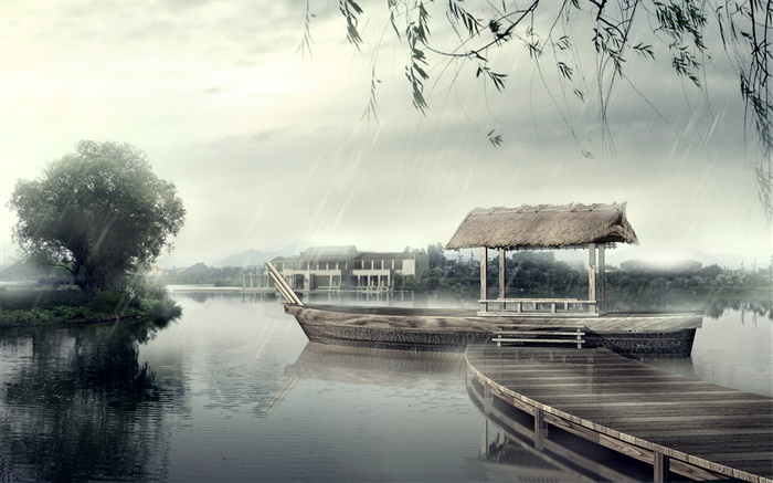 Причал, лодка, река, деревья, дождливый день, 3D дизайн обои,s изображение