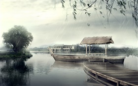Причал, лодка, река, деревья, дождливый день, 3D дизайн HD обои