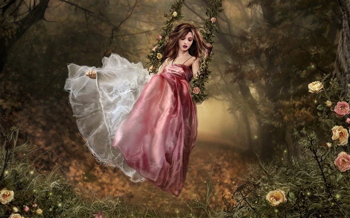 Розовое платье фантазии девушка сидит на качелях обои,s изображение