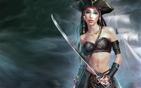 Пиратские девушка, корабль, фантастика искусство HD обои