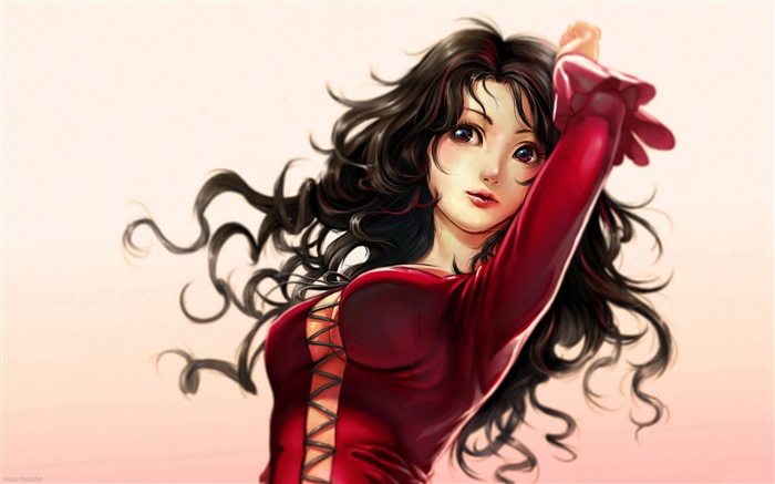 Красное платье фантазии девушки, вьющиеся волосы обои,s изображение