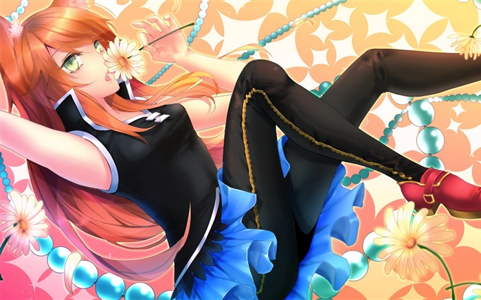 Красные волосы аниме девушка, цветок обои,s изображение