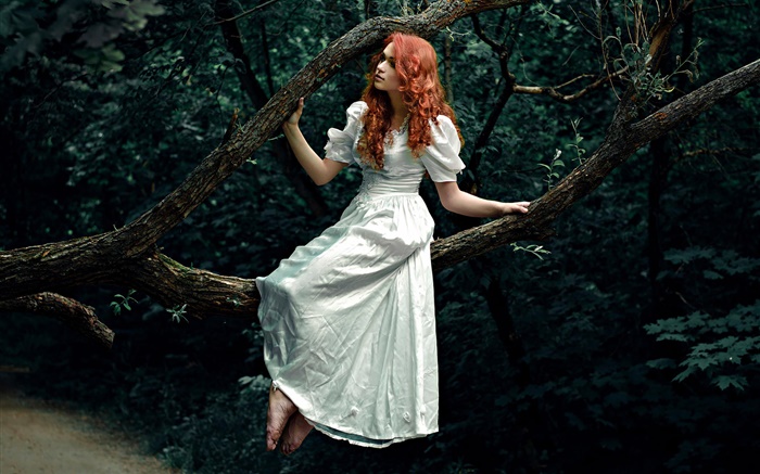 Красные волосы девушка, белое платье, лес, дерево обои,s изображение