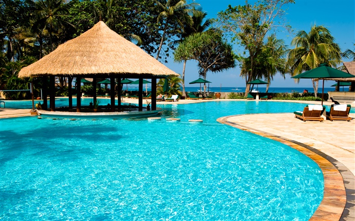 Курорт, пальмы, бассейн, дом, экзотические обои,s изображение