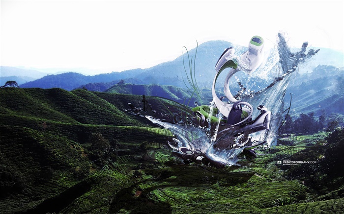Робот монстр, плеск воды, горы, креативный дизайн фотографии обои,s изображение