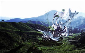 Робот монстр, плеск воды, горы, креативный дизайн фотографии