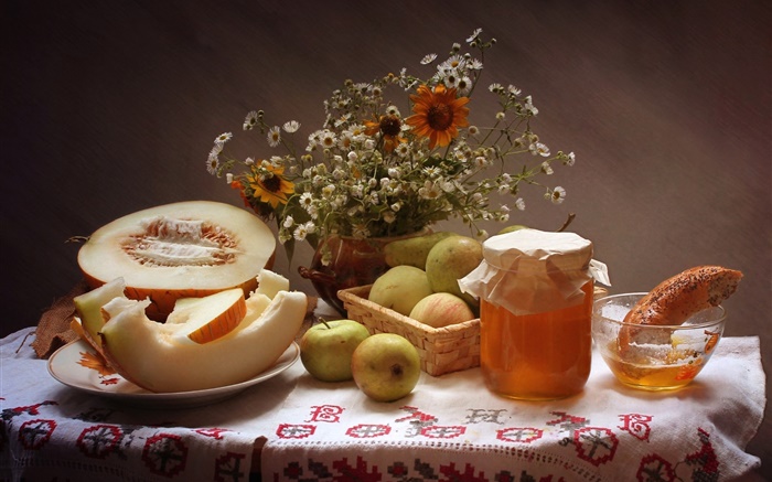Натюрморт, продукты питания, цветы, яблоки, мед, дыня обои,s изображение