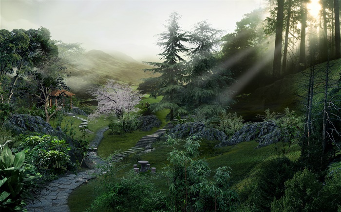 Камень путь в парке, деревья, солнечные лучи, 3D визуализации дизайн обои,s изображение
