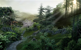 Камень путь в парке, деревья, солнечные лучи, 3D визуализации дизайн HD обои