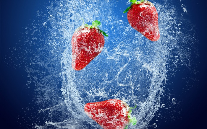 Клубника, красные ягоды, брызги воды, пузыри обои,s изображение