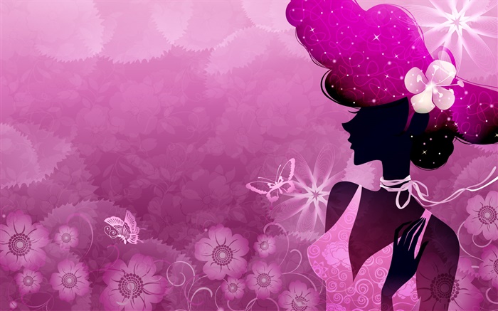 Лето, фиолетовый фон, вектор девушка, солнце, цветы, бабочки обои,s изображение