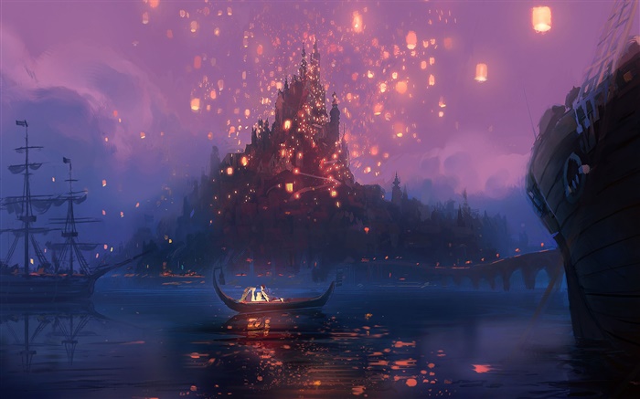 Рапунцель, Рапунцель, река, лодка, ночь, огни, анимационные фильмы, искусство обои,s изображение