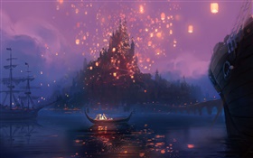 Рапунцель, Рапунцель, река, лодка, ночь, огни, анимационные фильмы, искусство HD обои