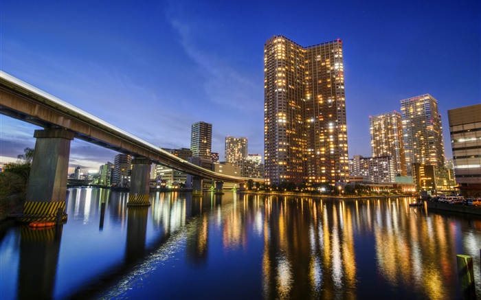 Токио, Япония, город, ночь, залив, отражение воды, небоскребы, огни обои,s изображение