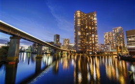 Токио, Япония, город, ночь, залив, отражение воды, небоскребы, огни HD обои