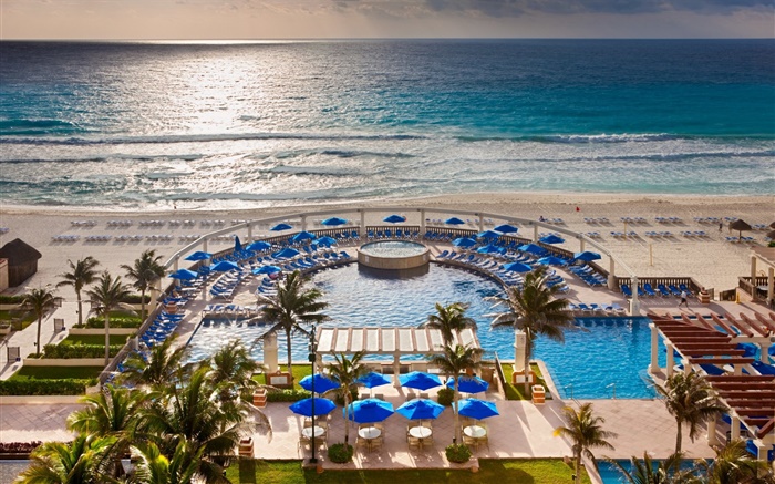 Тропический курорт, океан, пляж, пальмы, бассейн плавать обои,s изображение