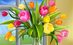 Тюльпаны, цветы, цветы, вазы, художественные фотографии HD обои