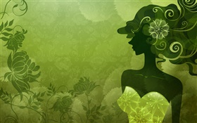 Вектор девушка, зеленый стиль, цветы, дизайн HD обои