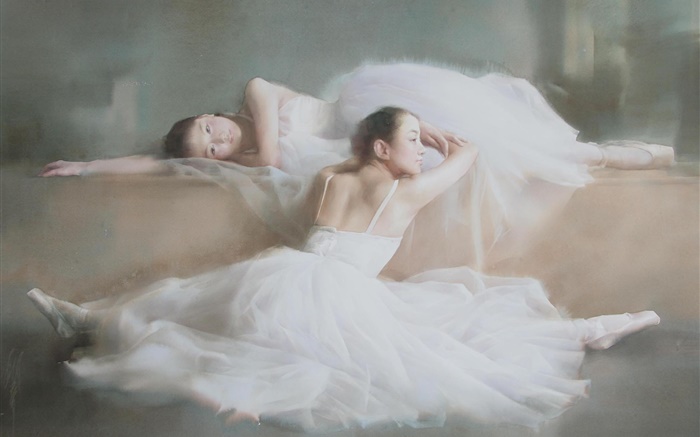 Акварельная живопись, балет, танцор девушки, белое платье обои,s изображение