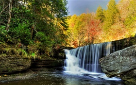 Водопад, скалы, камни, деревья, осень HD обои