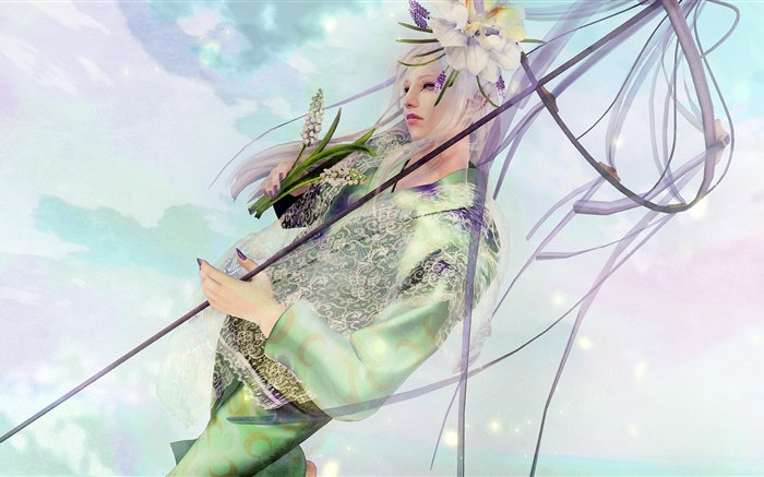 Белые волосы фантазии девушка, цветок обои,s изображение
