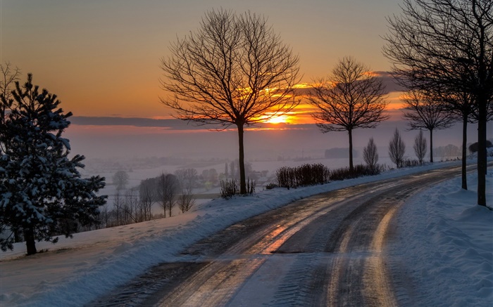 Зима, утро, рассвет, дорога, деревья, снег, восход солнца обои,s изображение