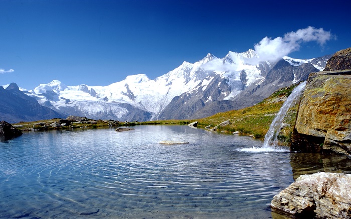 Альпы, озеро, облака, голубое небо обои,s изображение