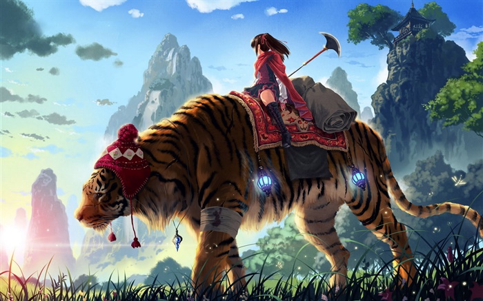 Аниме девушка езда тигр, горы, трава обои,s изображение