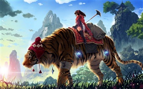 Аниме девушка езда тигр, горы, трава HD обои