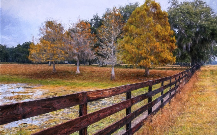 Осенью картина, деревья, забор обои,s изображение