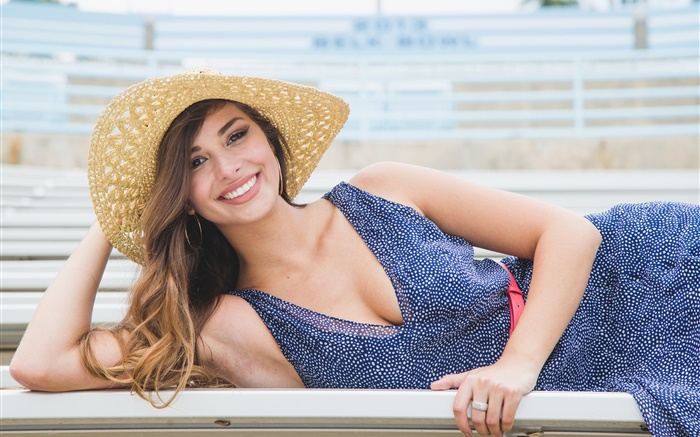 Голубое платье улыбка девушка, шляпа, лето обои,s изображение