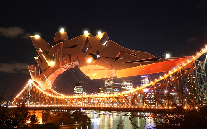 Город ночью мост, огни, река обои,s изображение