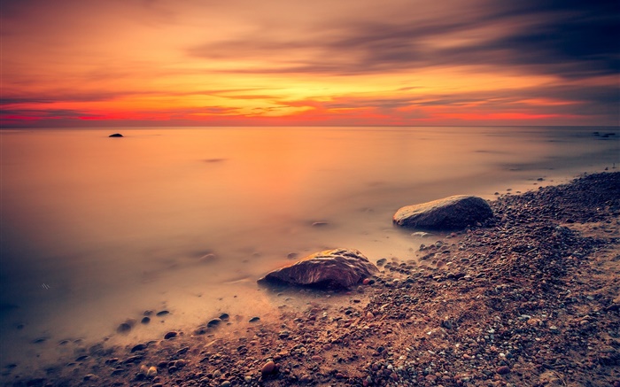 Побережье, море, пляж, красное небо, облака, закат обои,s изображение