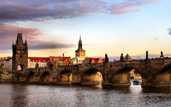 Чехия, Прага, город, мост, река, дома обои,s изображение