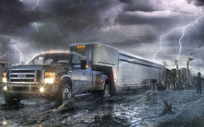 Форд грузовик, молнии, животные, креативный дизайн обои,s изображение