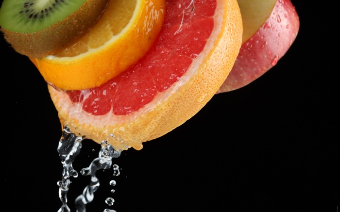 Фруктовый ломтик, яблоко, киви, апельсин, вода обои,s изображение