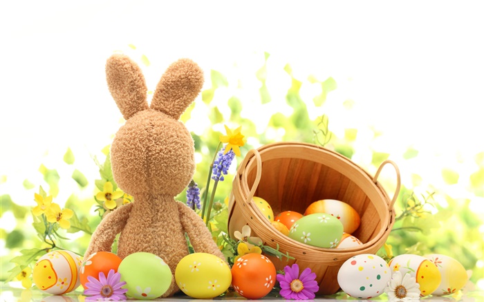 С Пасхой, красочные яйца, украшение, тюльпаны, игрушка кролик обои,s изображение