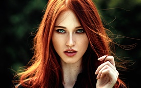 Милые красные волосы девушка, голубые глаза HD обои