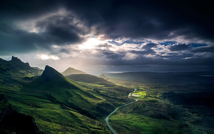 Шотландия, Великобритания, горы, облака, холмы, река обои,s изображение