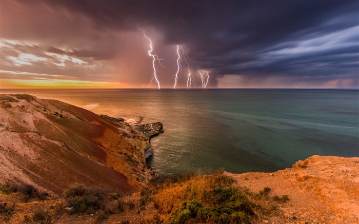 Южная Австралия, буря, облака, молнии, море, берег обои,s изображение