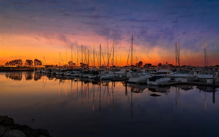Закат, залив, вода, лодки, яхты обои,s изображение