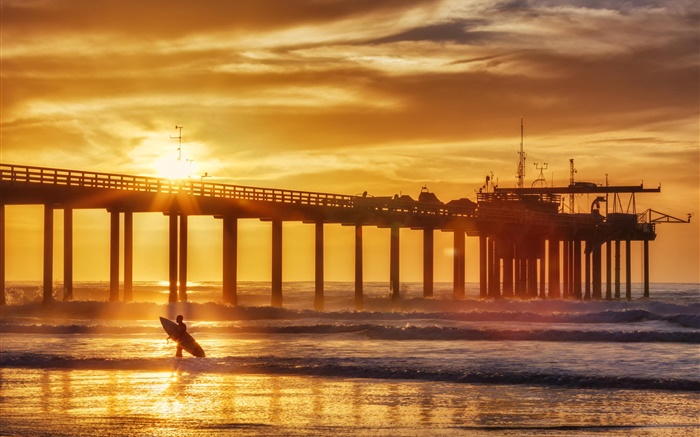 Закат, побережье, лето, пирс, серфер, море, волны обои,s изображение