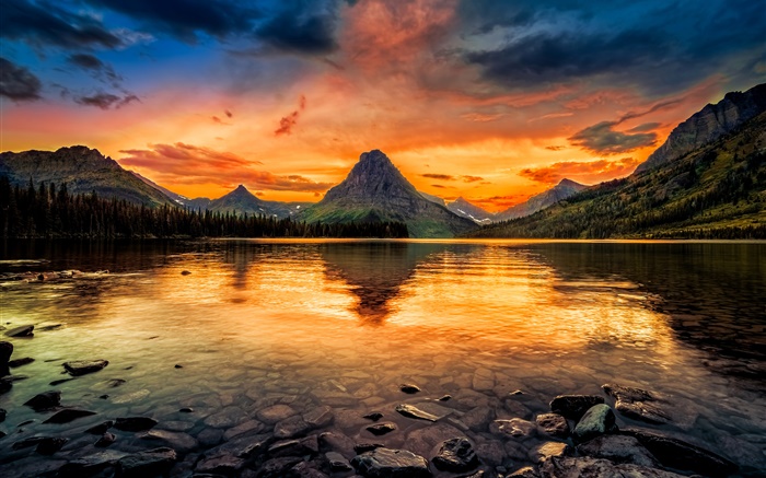 Два Medicine Lake, Национальный парк Глейшер, США, горы, закат, красное небо обои,s изображение