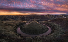 США, каньон, река, холмы, скалы, облака, рассвет HD обои