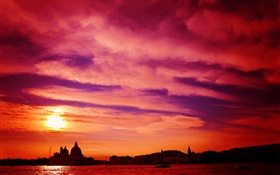 Венеция, Италия, река, закат, красное небо