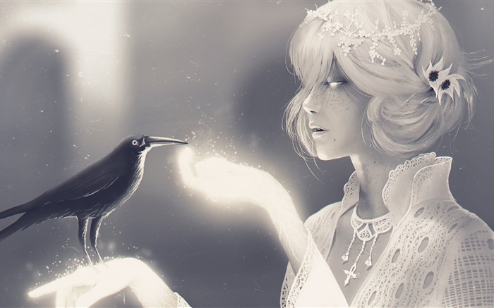 Белый стиль фантазии девушки и ворон обои,s изображение