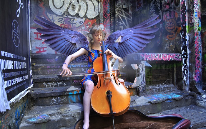Ангел девушка играть виолончель, крылья обои,s изображение