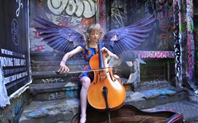 Ангел девушка играть виолончель, крылья HD обои