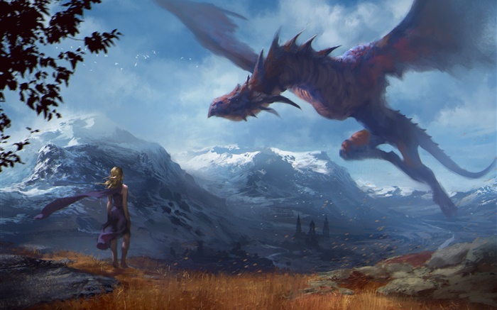 Художественная роспись, фантазии девушка и дракон, крылья обои,s изображение