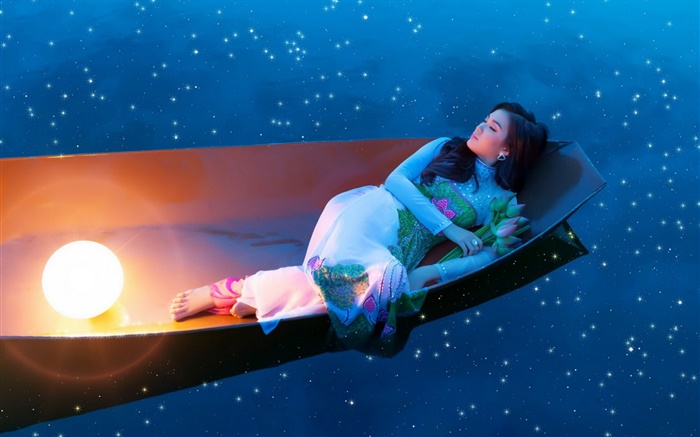 Азиатская девушка спать в лодке по ночам обои,s изображение